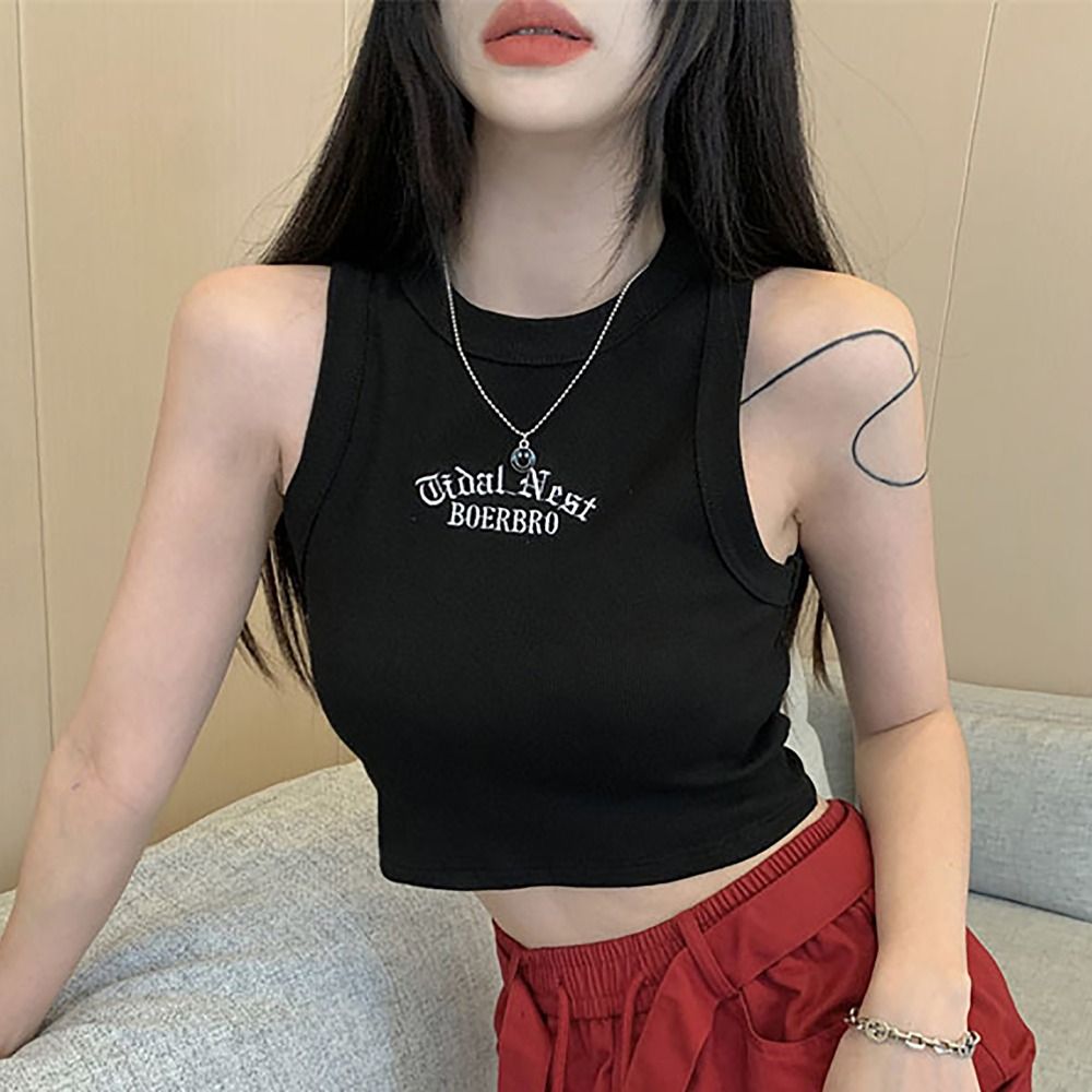 Embroidery Letter M - Fashion Microelastic Sleeveless Blouse Slim Version