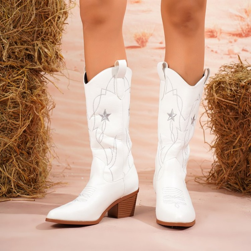 Embroidery Details - Women's Boots Mid-Calf Pointed Toe Mid