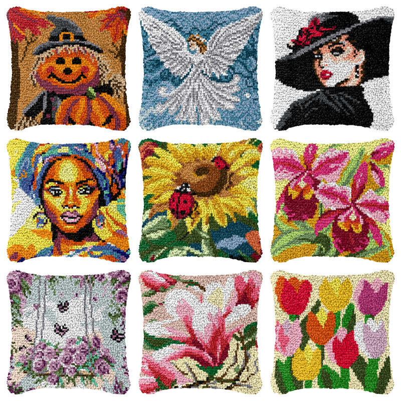 Printed Embroidery Kit - Flowers Cartoon Latch Hook Pillow Smyrna