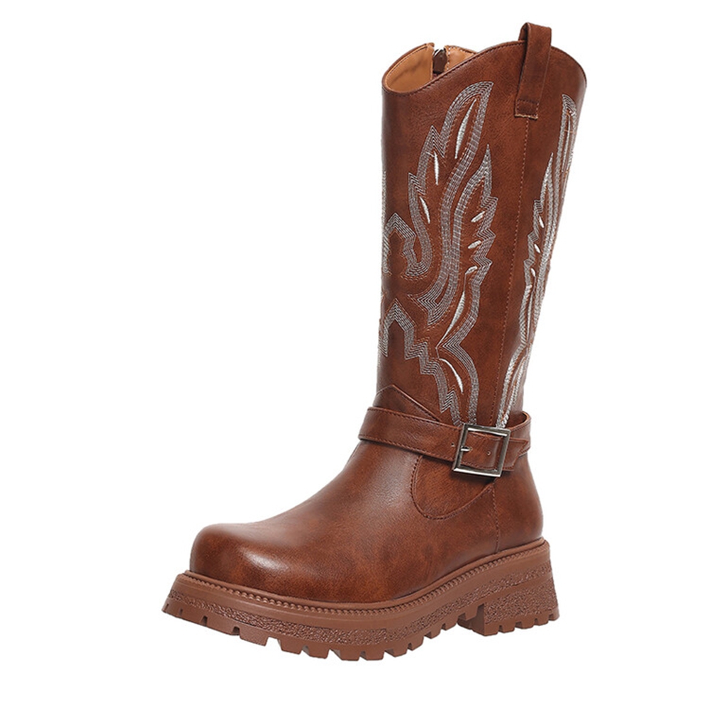 Embroidery Yes - Women Knee High Boots Thick Heel