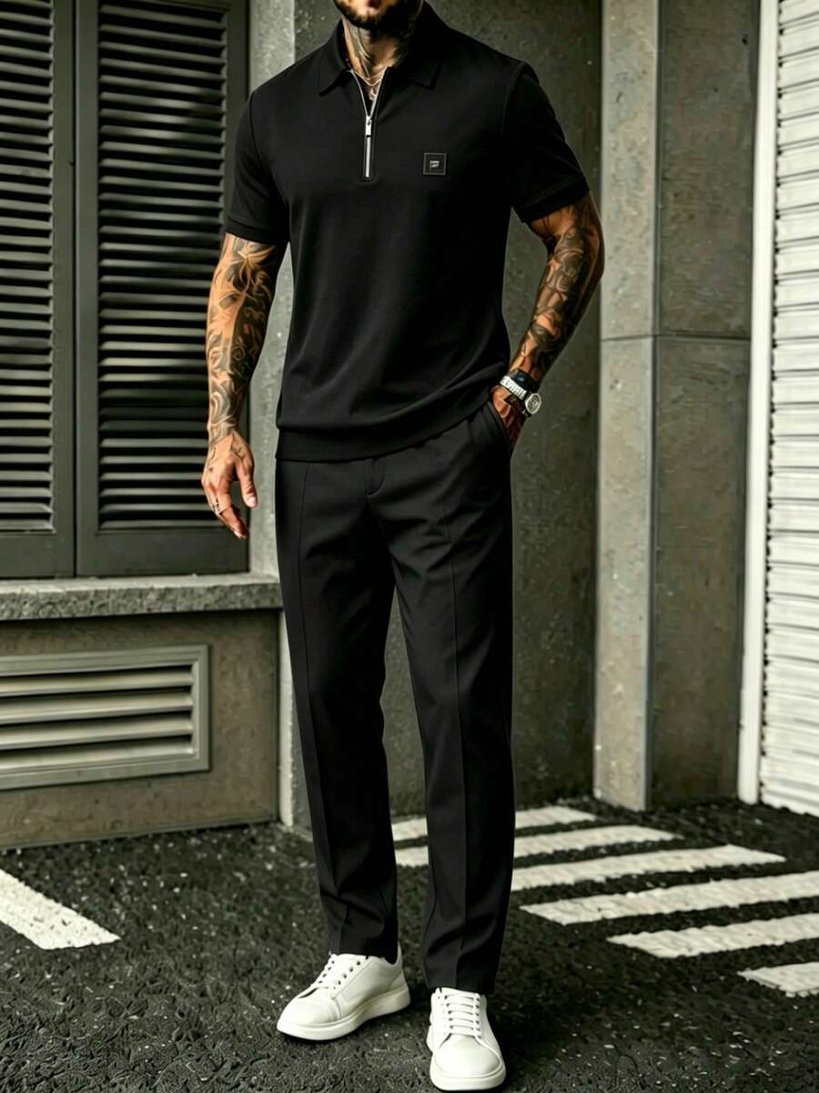 Embroidery Shirt - Mens Black Quarter-Sleeve Zip-Up Shirt And