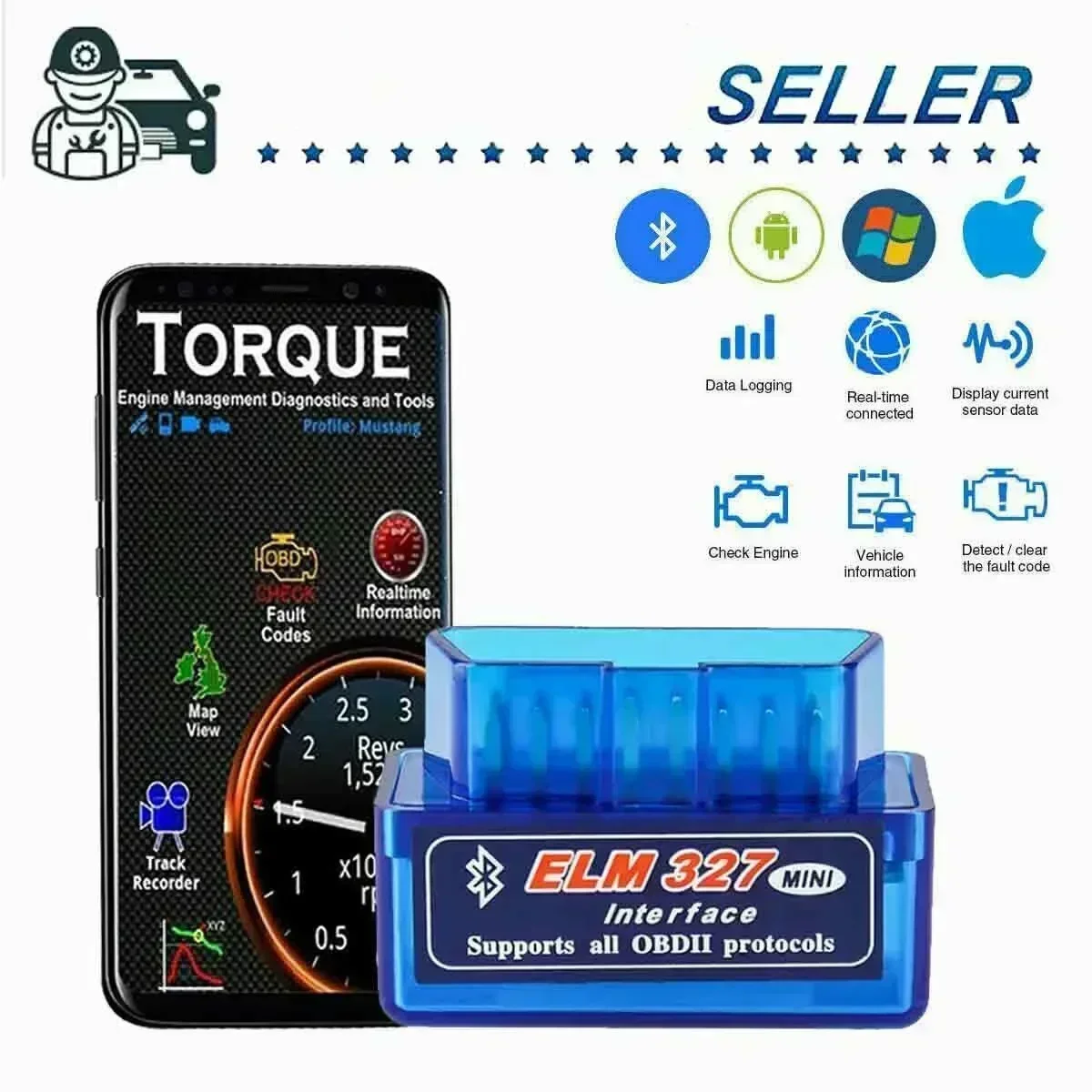 OBD 2 ELM327 Car Detector Blue - Embroidery I2 评论和价格