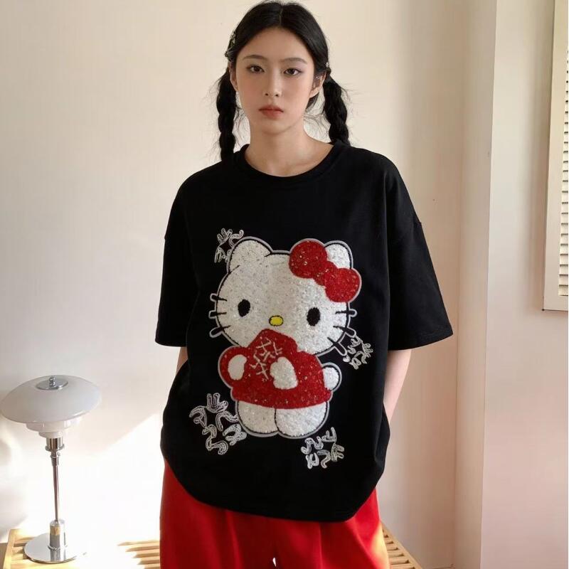 Cute Short-Sleeved Hello Kitty - Embroidery Shirt 评论和价格