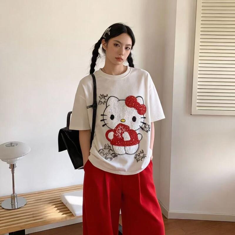 Cute Short-Sleeved Hello Kitty - Embroidery Shirt 评论和价格