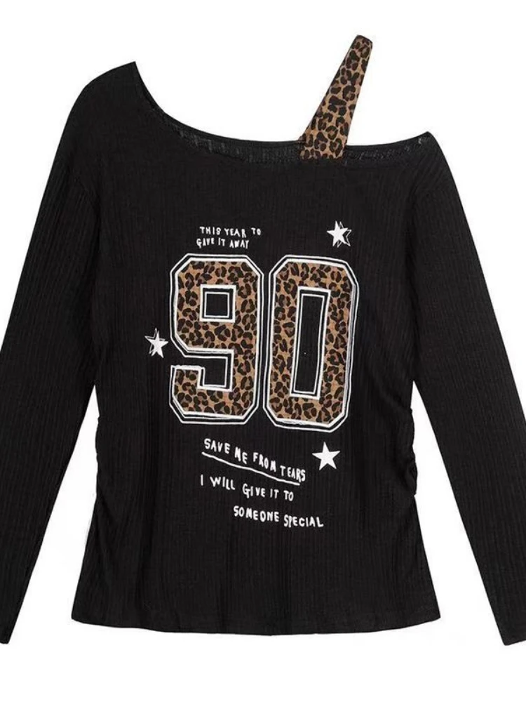 Y2K Patchwork Leopard Print T- - Embroidery Shirt 评论和价格