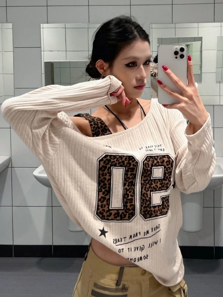 Y2K Patchwork Leopard Print T- - Embroidery Shirt 评论和价格