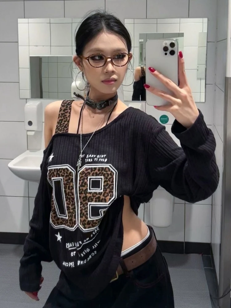 Y2K Patchwork Leopard Print T- - Embroidery Shirt 评论和价格