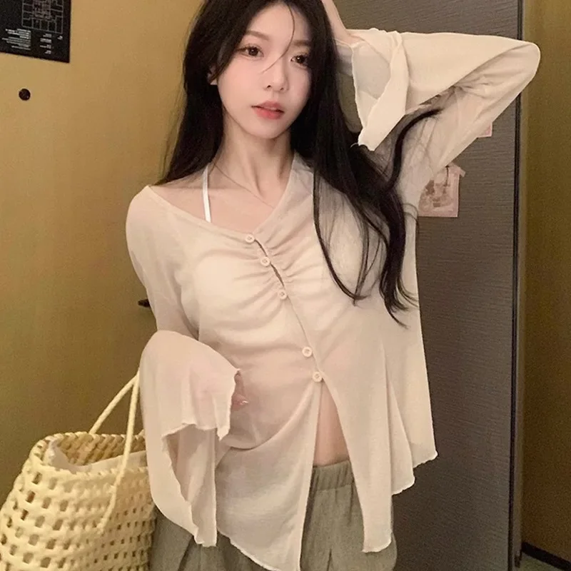 Sheer Flare Sleeve Blouse - Y2 - Embroidery Shirt 评论和价格