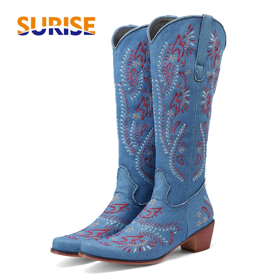 Blue Denim Western Cowgirl Kne - Embroidery Yes 评论和价格