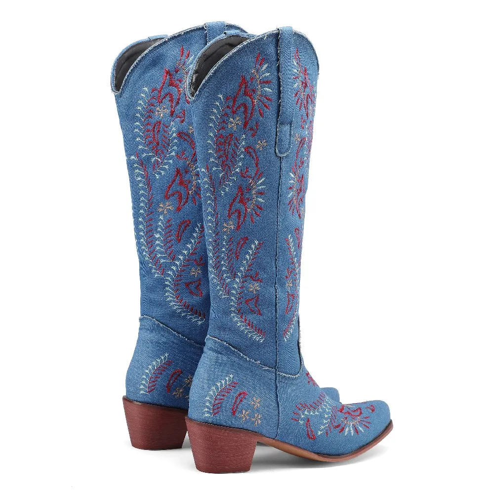 Blue Denim Western Cowgirl Kne - Embroidery Yes 评论和价格
