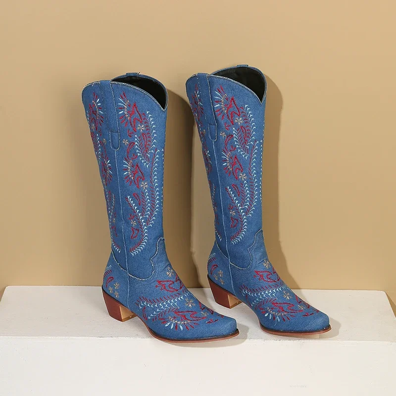 Blue Denim Western Cowgirl Kne - Embroidery Yes 评论和价格