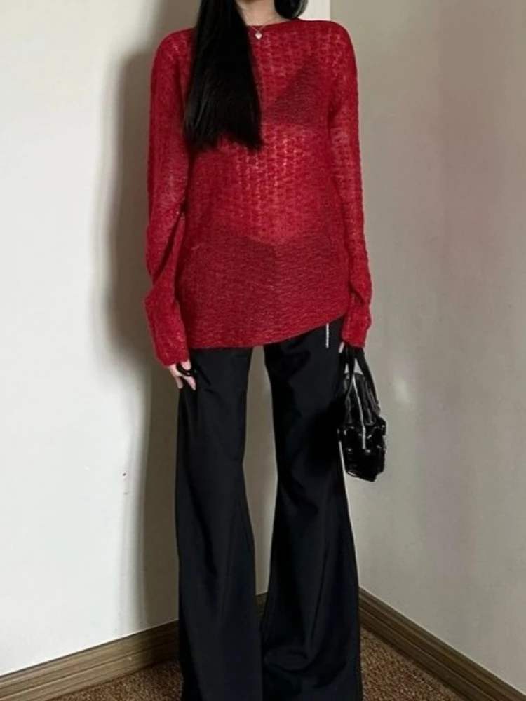 Y2K See-Through Knitted Women' - Embroidery Shirt 评论和价格